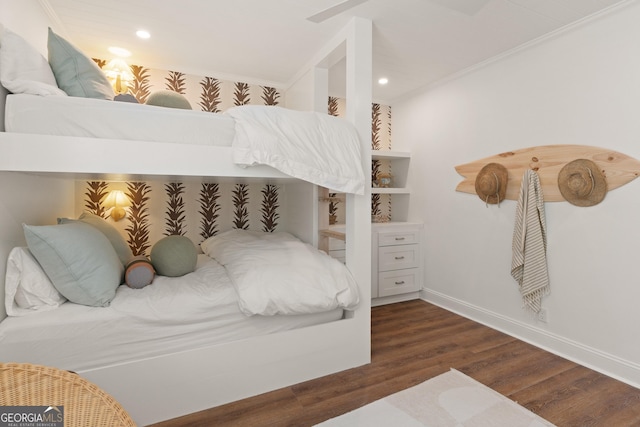 bedroom featuring recessed lighting, ornamental molding, baseboards, and wood finished floors