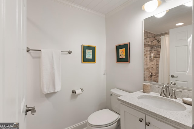 bathroom with vanity, a shower with shower curtain, baseboards, ornamental molding, and toilet