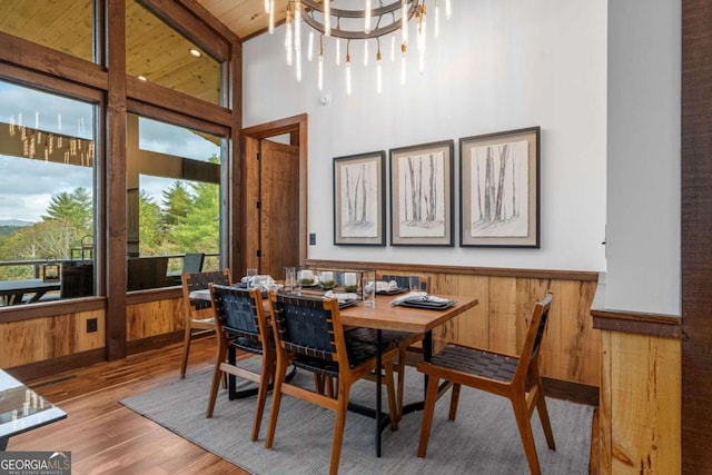 dining space featuring an inviting chandelier, wood finished floors, wainscoting, and wood walls