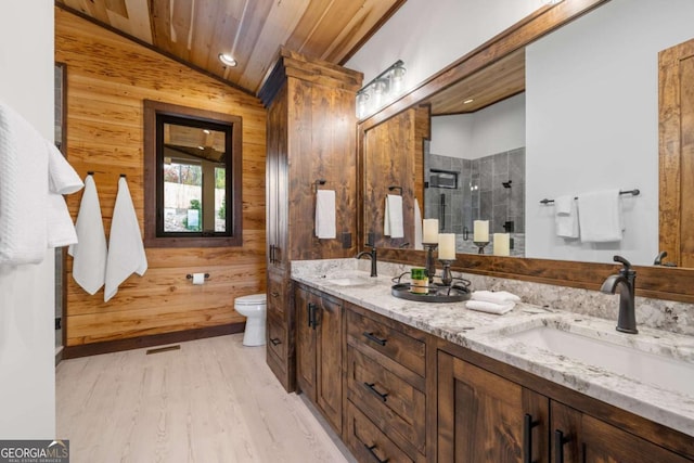 bathroom featuring vaulted ceiling, wood walls, and a sink