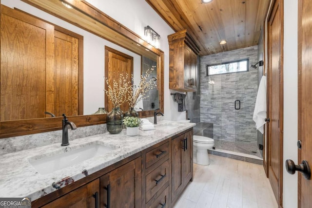 bathroom featuring a sink, toilet, double vanity, and a shower stall