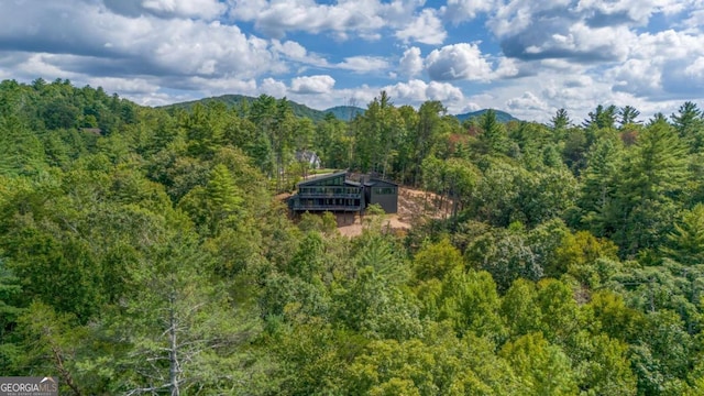 birds eye view of property featuring a mountain view and a wooded view