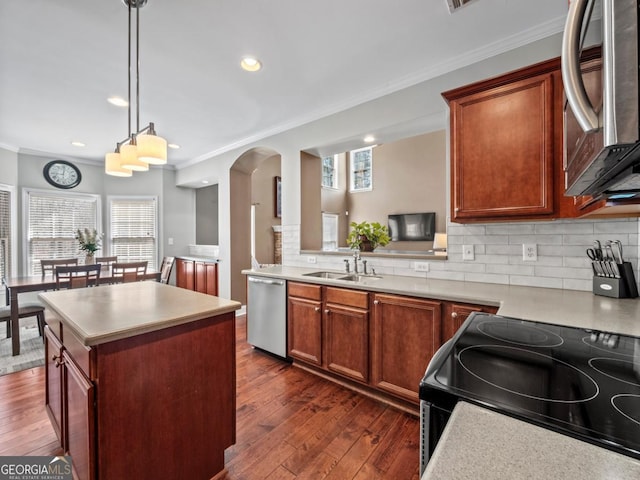 kitchen with dark wood-type flooring, black range with electric stovetop, a sink, stainless steel dishwasher, and arched walkways