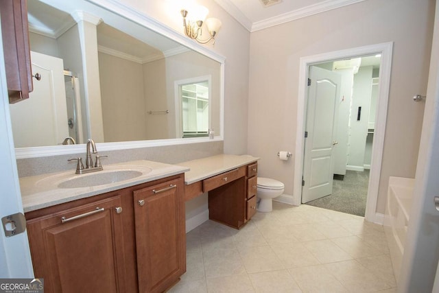 full bath featuring vanity, crown molding, toilet, and a shower with shower door