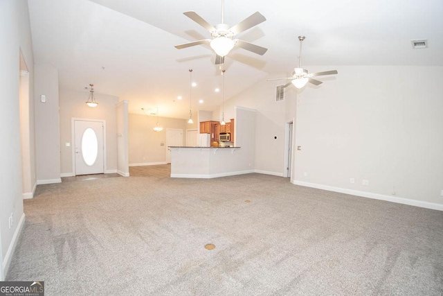 unfurnished living room featuring visible vents, light colored carpet, a ceiling fan, and baseboards