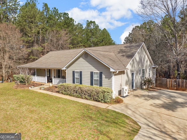 single story home with ac unit, a front lawn, fence, covered porch, and a shingled roof