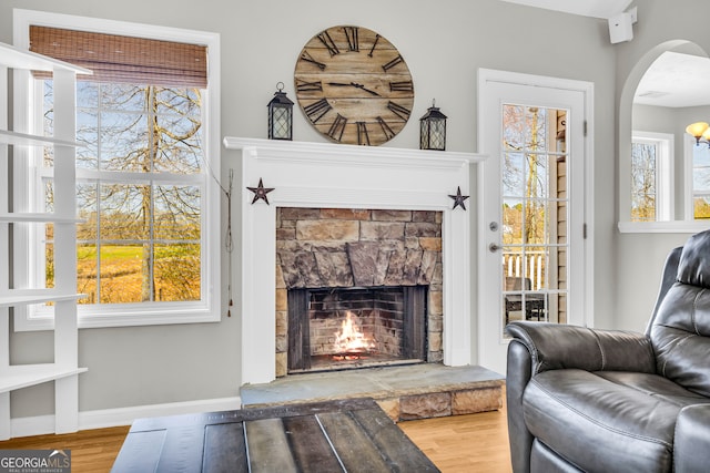 living room with wood finished floors, a fireplace, and a healthy amount of sunlight