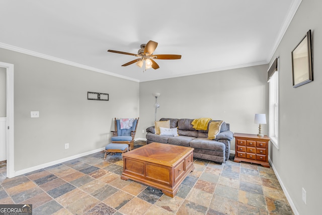 living room with crown molding, a ceiling fan, baseboards, and stone finish flooring