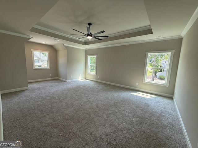 73 Hewett Rd, Pendergrass, GA 30567 - carpeted empty room with a raised ceiling, a ceiling fan, baseboards, and ornamental molding