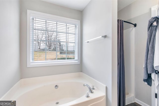 full bathroom featuring a shower stall and a bath