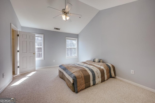 bedroom featuring vaulted ceiling, baseboards, visible vents, and carpet floors