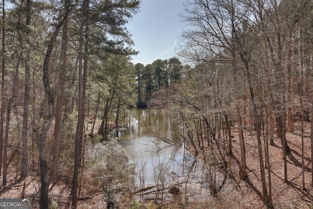 view of water feature with a forest view