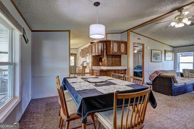 dining room featuring crown molding, ceiling fan, vaulted ceiling, carpet flooring, and a textured ceiling