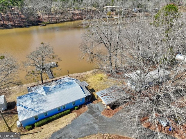 drone / aerial view featuring a water view