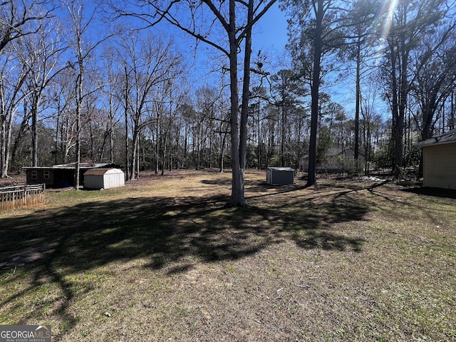 view of yard with a storage shed and an outbuilding