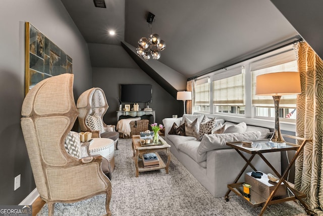 living area featuring recessed lighting, an inviting chandelier, and vaulted ceiling