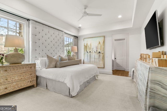 carpeted bedroom featuring recessed lighting, baseboards, and ceiling fan