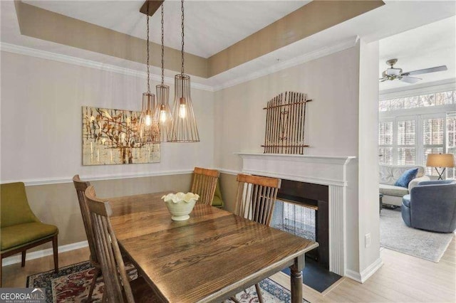 dining room featuring a fireplace, a raised ceiling, and ornamental molding