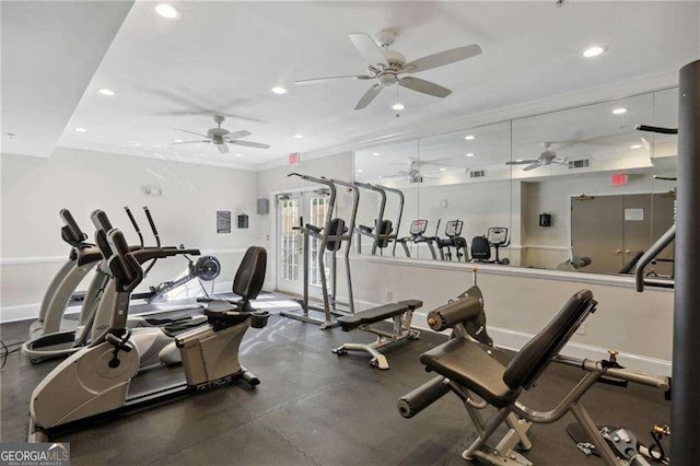 gym with visible vents, recessed lighting, baseboards, and ornamental molding