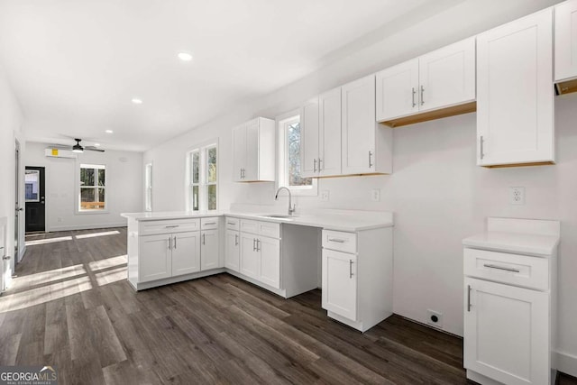 kitchen featuring a sink, a wealth of natural light, a peninsula, and dark wood-style floors