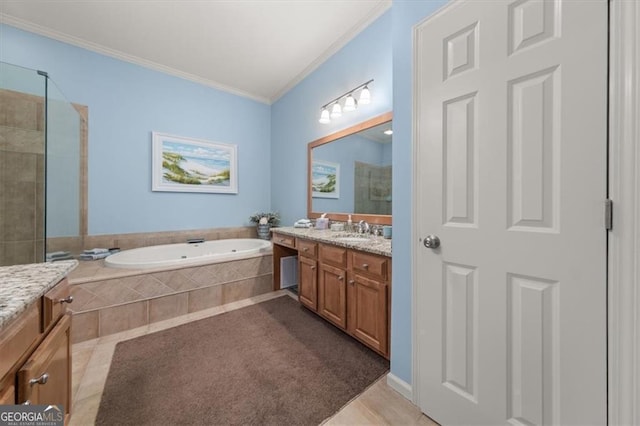 full bathroom with a tile shower, vanity, crown molding, and a garden tub