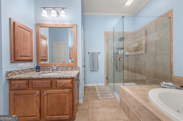 full bath featuring vanity, a shower stall, crown molding, a bath, and tile patterned floors