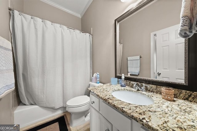 full bath featuring toilet, ornamental molding, vanity, and shower / bath combination with curtain