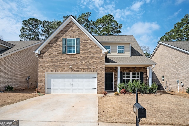 view of front of home featuring brick siding, driveway, an attached garage, and roof with shingles