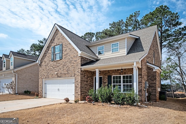 traditional-style home featuring brick siding, concrete driveway, roof with shingles, cooling unit, and an attached garage