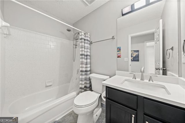 bathroom with shower / bathtub combination with curtain, visible vents, toilet, a textured ceiling, and vanity