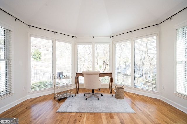 office with plenty of natural light and wood finished floors