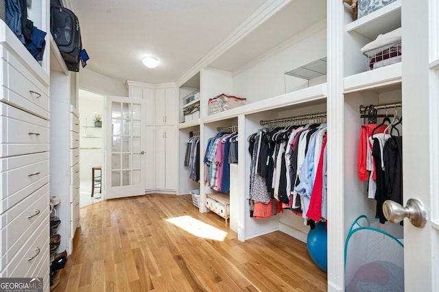 walk in closet with light wood-style flooring