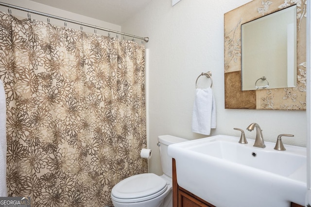 full bathroom with a sink, toilet, and a shower with shower curtain