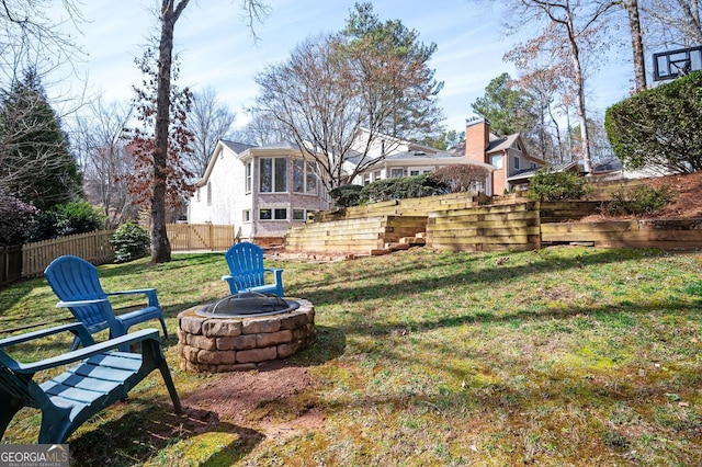 view of yard featuring a fenced backyard and an outdoor fire pit