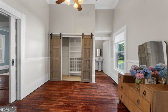 bedroom with dark wood-type flooring, a barn door, ornamental molding, a towering ceiling, and a sink