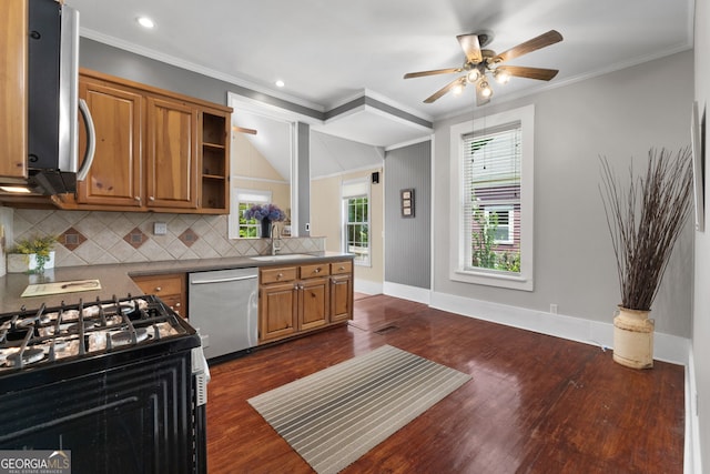 kitchen with a sink, open shelves, appliances with stainless steel finishes, brown cabinetry, and dark wood-style flooring