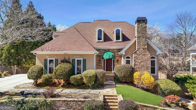 view of front of home featuring a shingled roof, stucco siding, fence, and a chimney