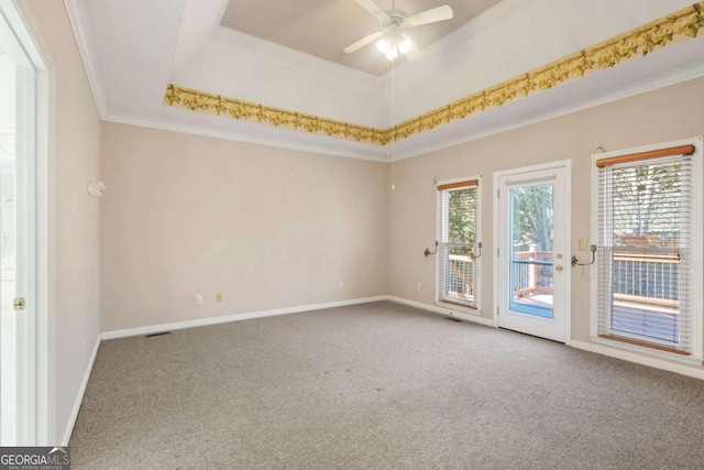 carpeted spare room with ceiling fan, baseboards, a raised ceiling, and ornamental molding