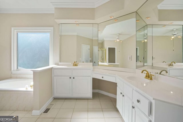 full bath featuring tile patterned flooring, crown molding, and a bath