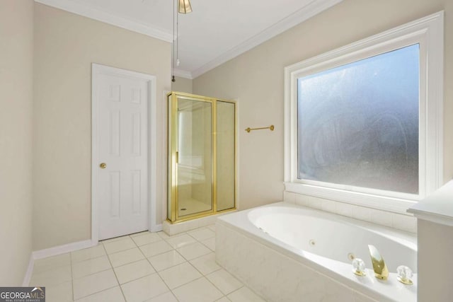 bathroom with tile patterned flooring, a shower stall, a jetted tub, crown molding, and baseboards