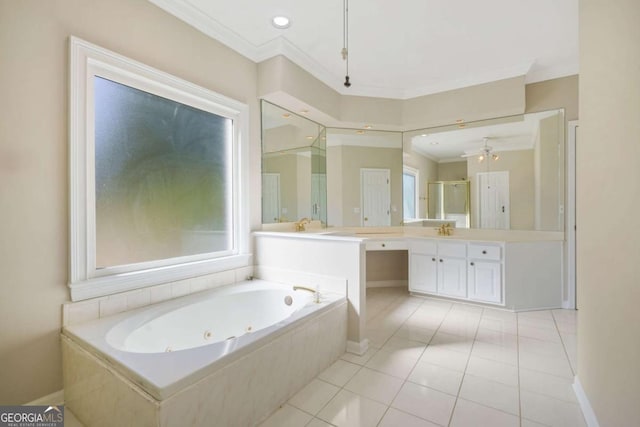 full bathroom featuring tile patterned flooring, a shower stall, a whirlpool tub, ornamental molding, and vanity