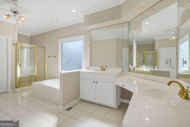 bathroom with a wealth of natural light, a stall shower, and crown molding