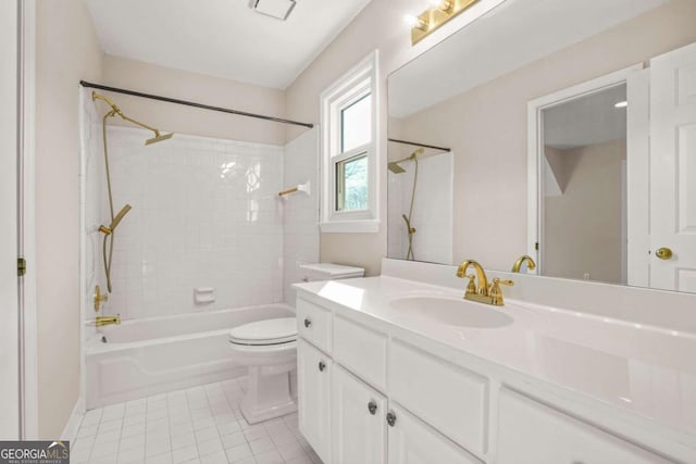 full bath with tile patterned flooring, vanity, toilet, and shower / bathtub combination