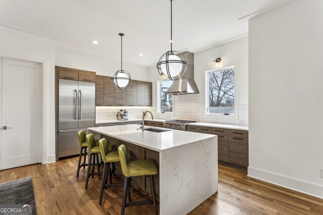 kitchen with a sink, wall chimney range hood, modern cabinets, and stainless steel appliances