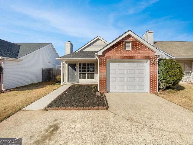 ranch-style house with brick siding, driveway, a chimney, and a garage