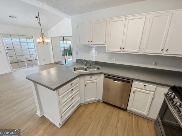 kitchen with visible vents, a sink, stainless steel appliances, white cabinets, and light wood-style floors