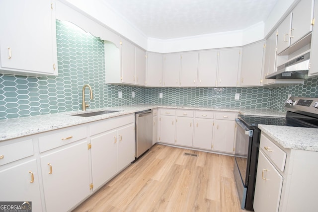 kitchen featuring light wood-style flooring, a sink, under cabinet range hood, appliances with stainless steel finishes, and backsplash