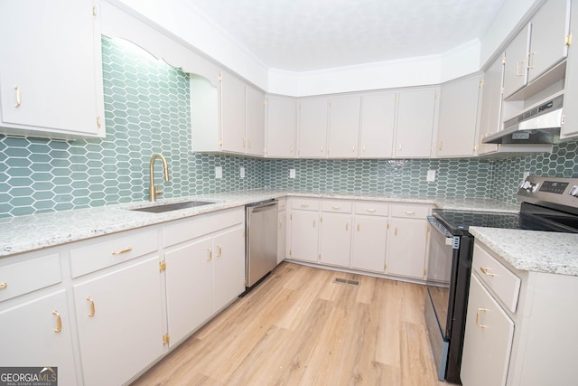 189 Tatum Heights Dr, Lagrange, GA 30240 - kitchen with a sink, under cabinet range hood, light wood finished floors, decorative backsplash, and appliances with stainless steel finishes