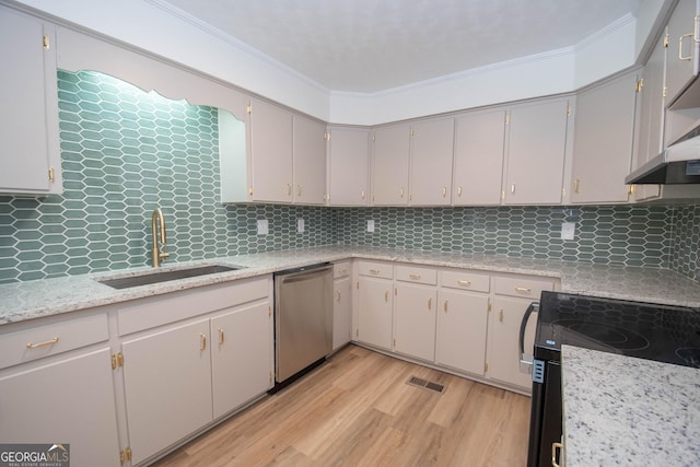 kitchen featuring ornamental molding, black electric range oven, a sink, backsplash, and stainless steel dishwasher