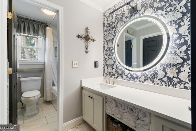 full bathroom with toilet, a shower with shower curtain, crown molding, baseboards, and vanity